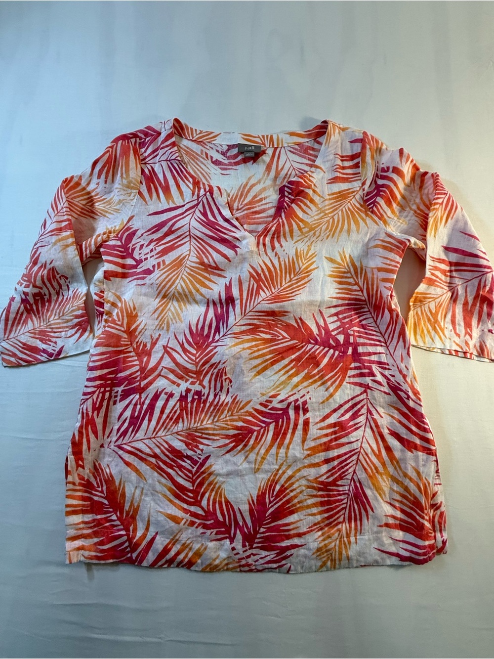 J. Jill V-Neck Tropical Leaf Tunic in Red & Orange